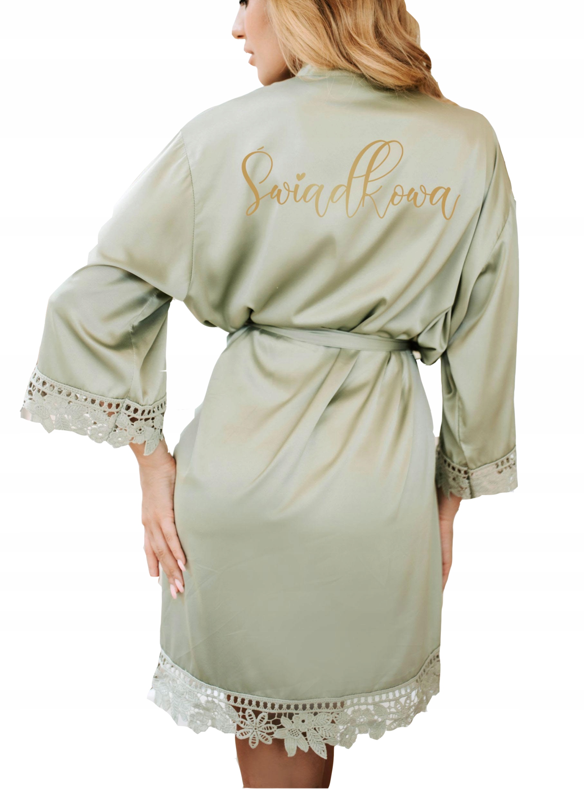 Olivový svatební župan s krajkou a svědkyní, saténový, univerzální, elegantní