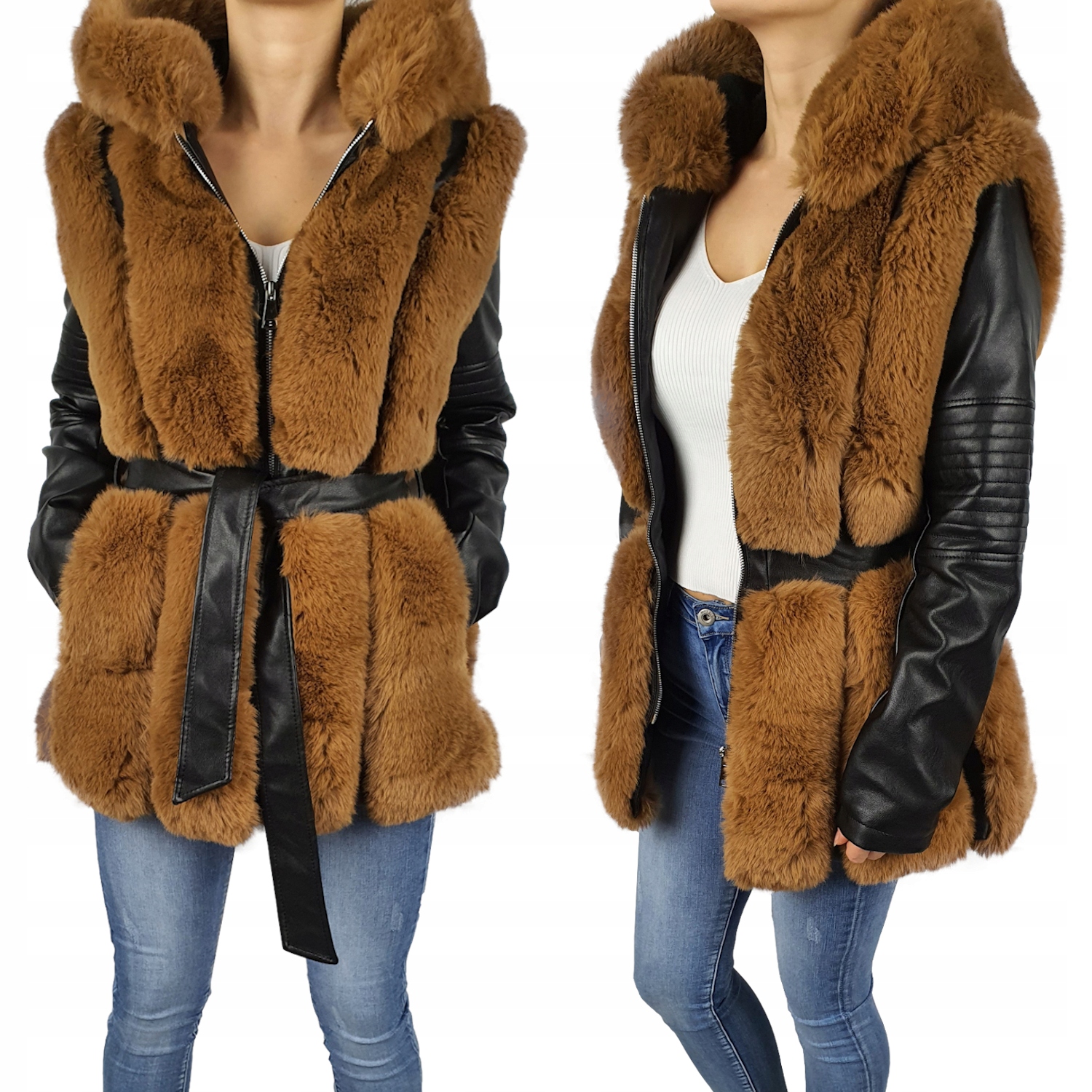 #exkluzivní Dámská Bunda Kožíšek Kapuce Kůže