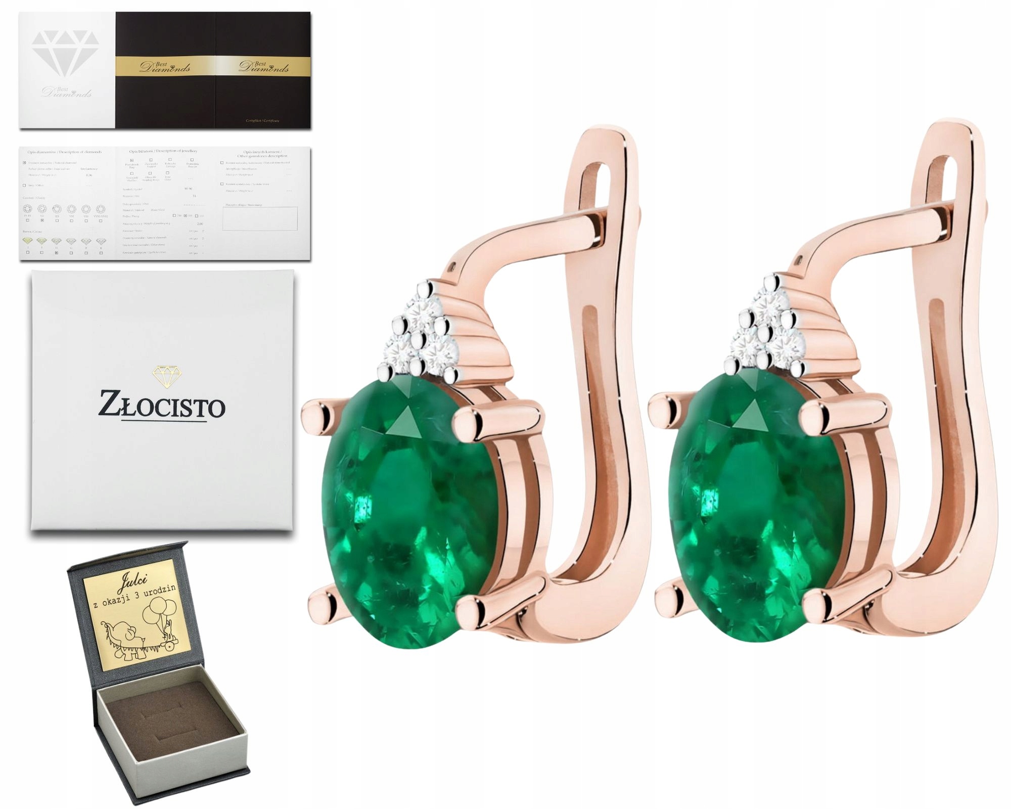 Růžové Zlato Náušnice Se Smaragdem A Diamanty Zlato 585