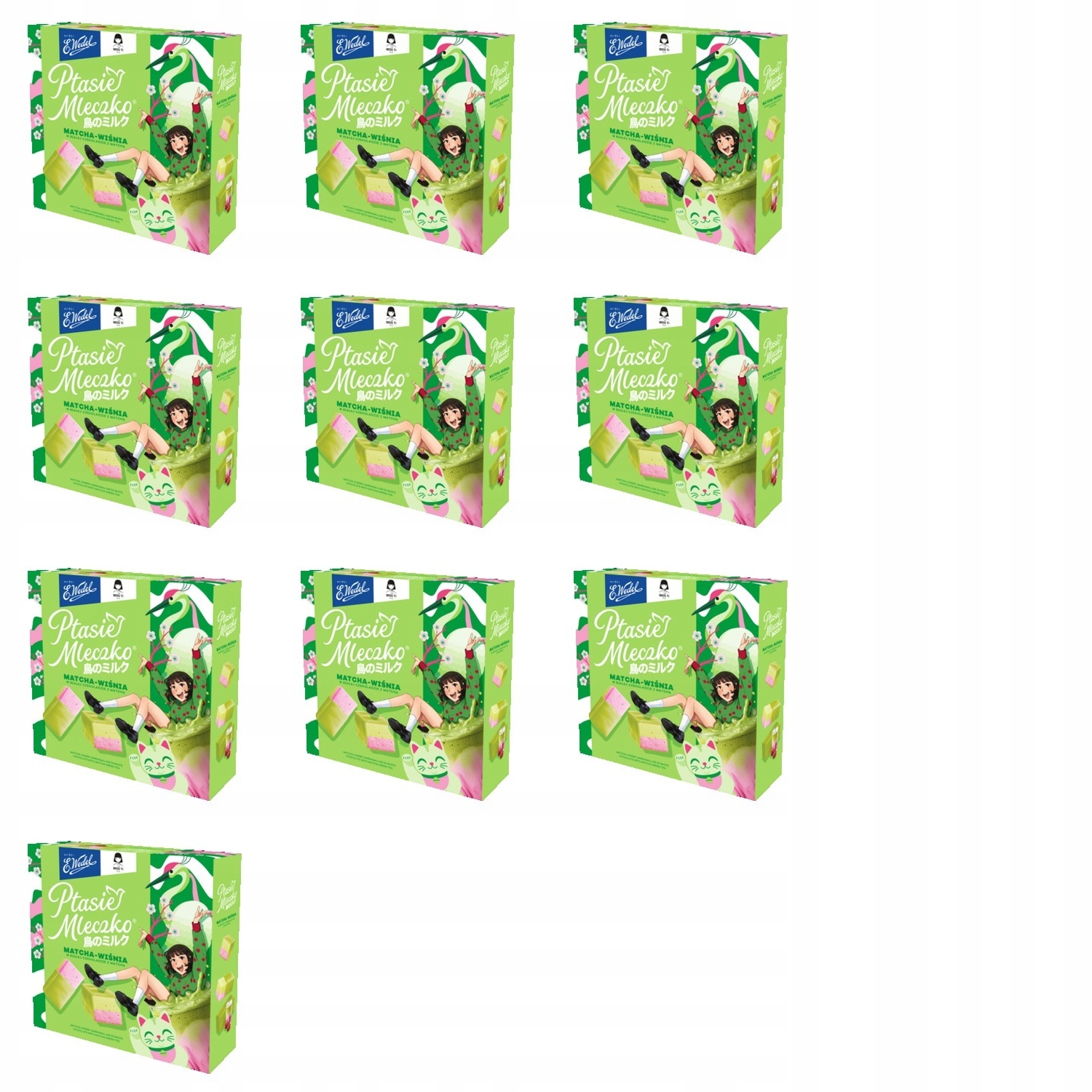 Levně 10 x 340 g Ptačího Pěnové Bonbóny matcha višeň v bílé čokoládě