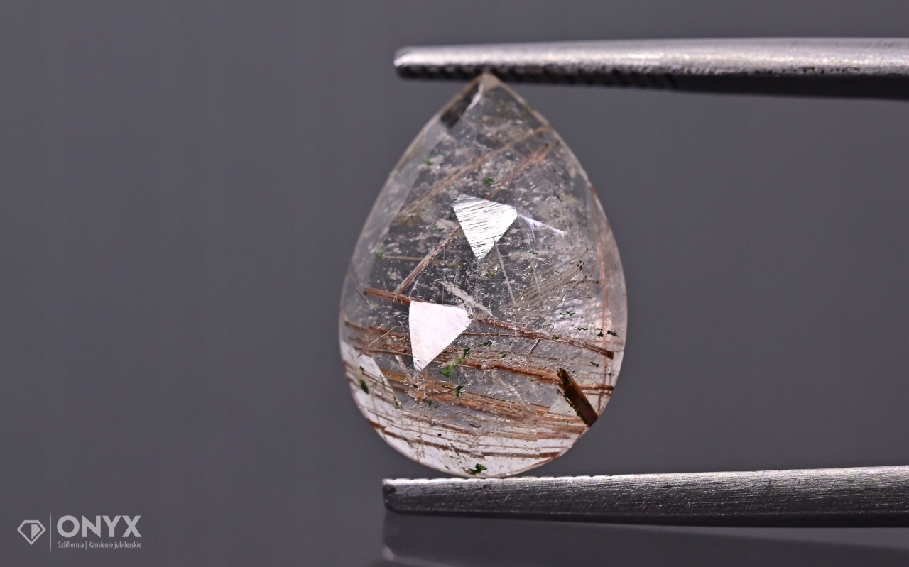 Křemen s rutilem fazetovaná slzná růžice 14x10 mm