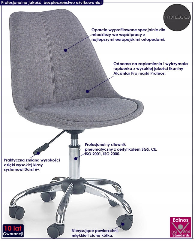 SZARY FOTEL OBROTOWY DLA DZIECKA KRZESŁO DO BIURKA NAUKI MŁODZIEŻ = POPIEL Kod producenta 1411