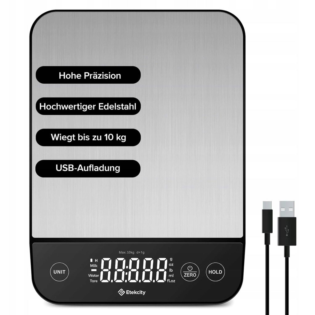 Etekcity Waga kuchenna cyfrowa 10 kg dokładność 1 g Led Usb-c stal