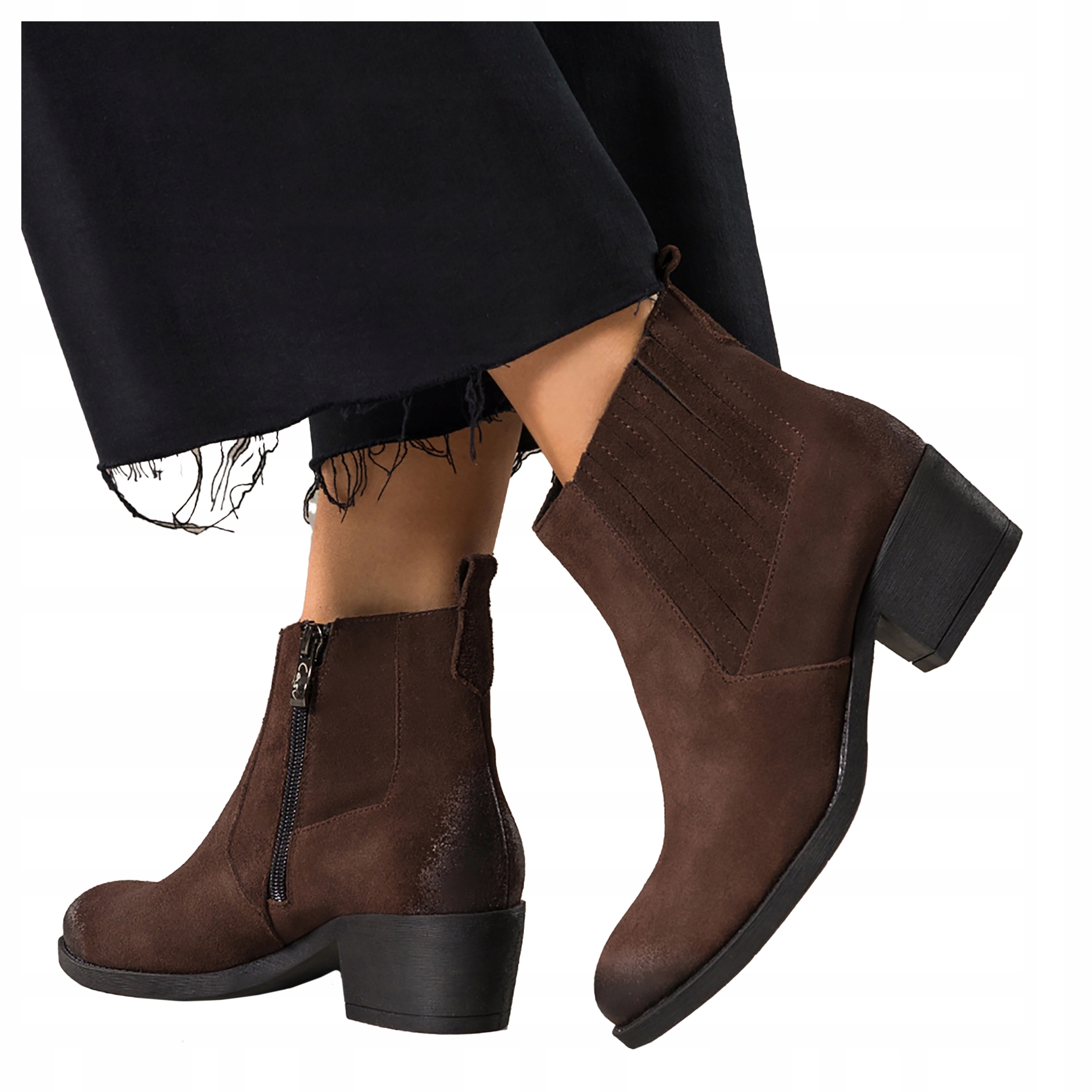 Čokoládové dámské kotníkové boty Kožené Kovbojské Boty Pohodlné Podpatky Klocek Modne r 37