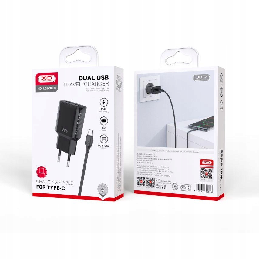 Ładowarka sieciowa XO L92C 2xUSB 2.4A+kabel USB-C