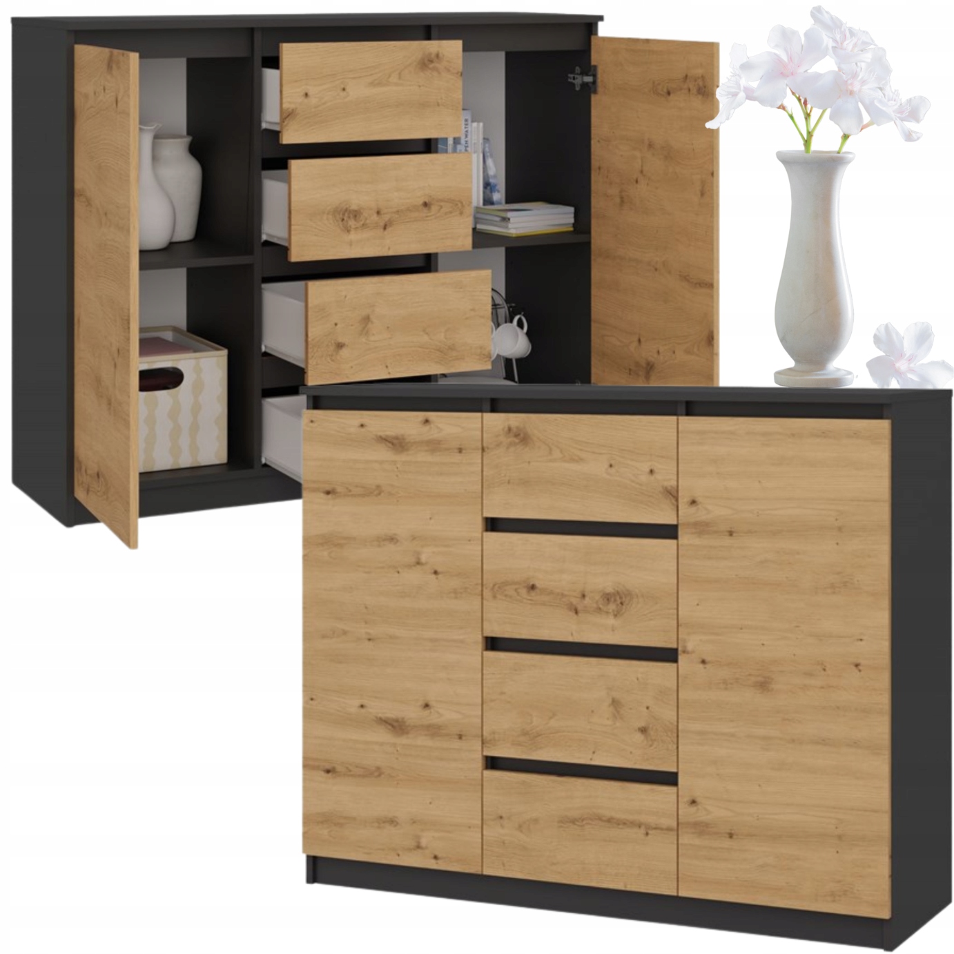 Komoda Do Salonu 2D4S 120 CM Antracyt 4 Szuflady Dąb Artisan Nowoczesna