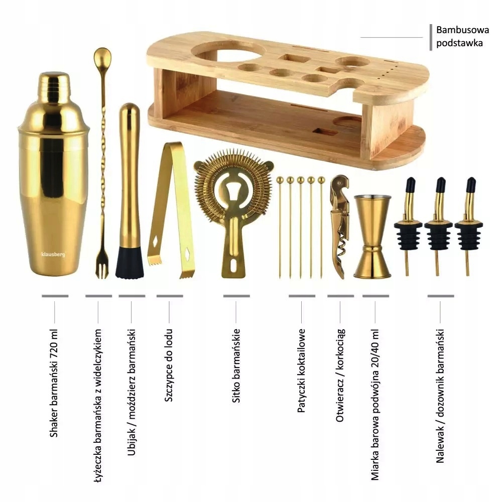 Zestaw BARMAŃSKI do Drinków SHAKER Miarka Szczypce Producent Klausberg