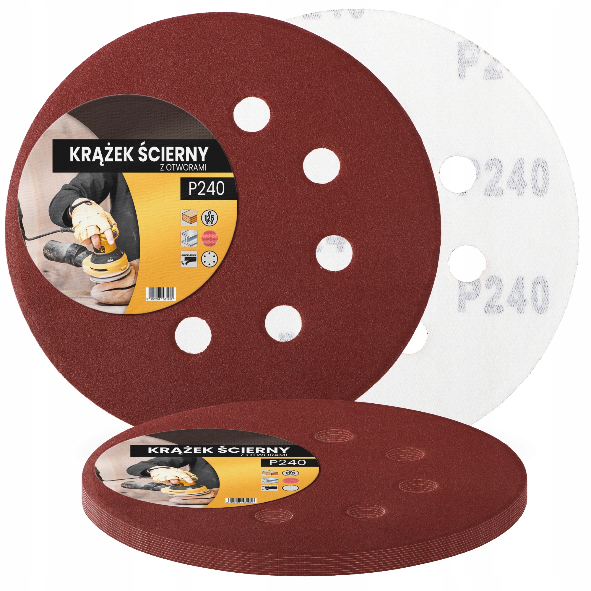 10x Papier Ścierny Krążek Rzep 125mm P240 Otwory Krążki Dysk Tarcza Śc 7D-T