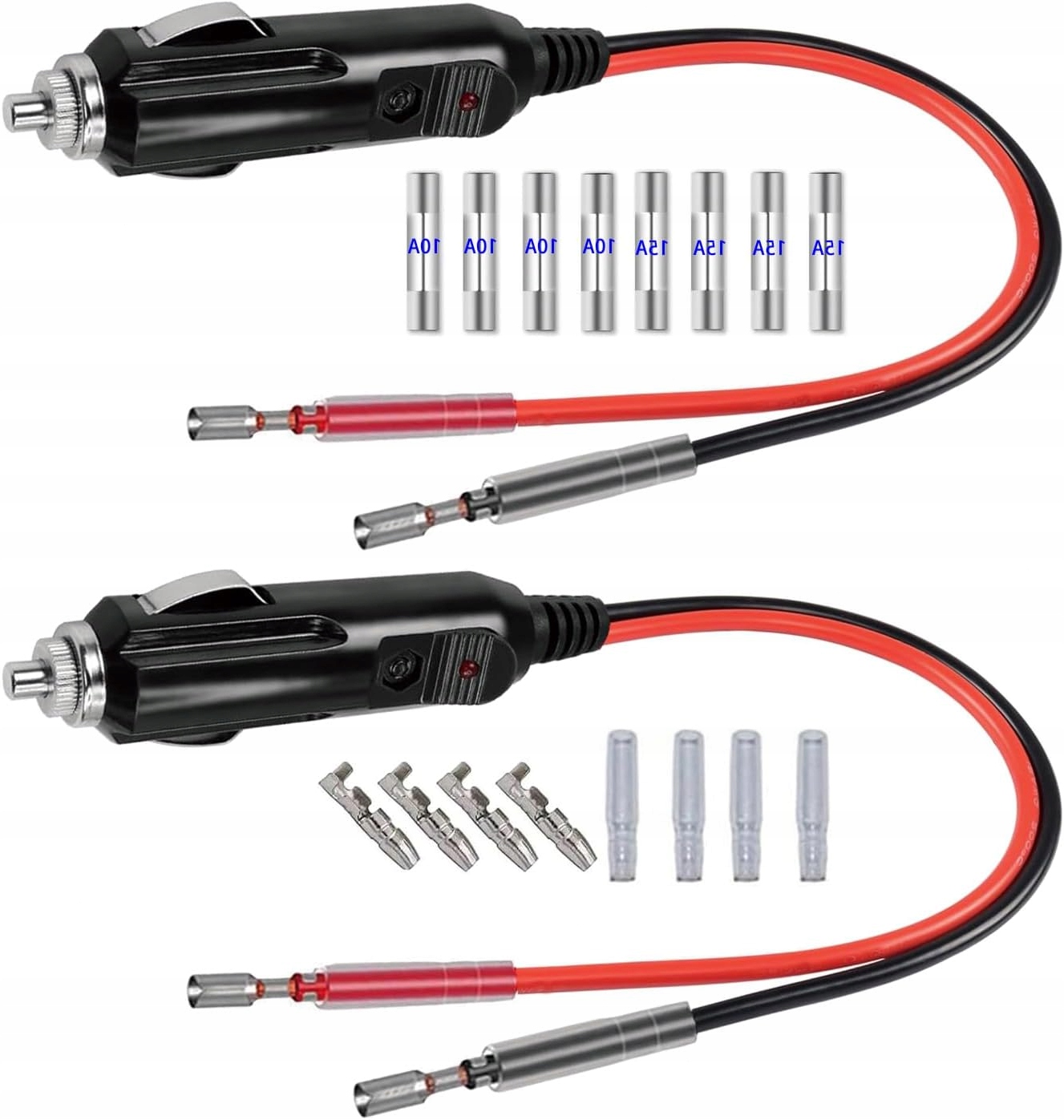 DWIE WTYCZKI DO GNIAZDA ZAPALNICZKI SAMOCHODOWEJ ZESTAW BEZPIECZNIKÓW