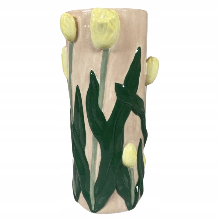 Váza Na Kytice Květin 28 cm, ručně malovaná, tulipány, keramický válec