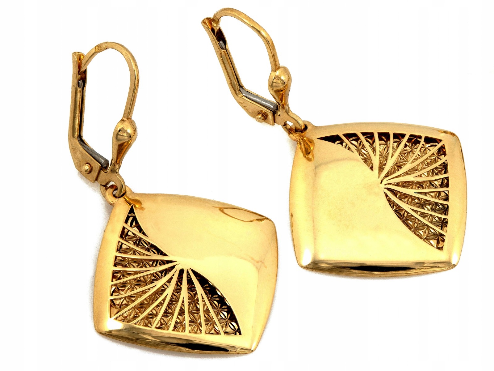 Zlaté náušnice 585 14kt, ažurové, nafukovací čtverce, anglické zapínání 3.50g