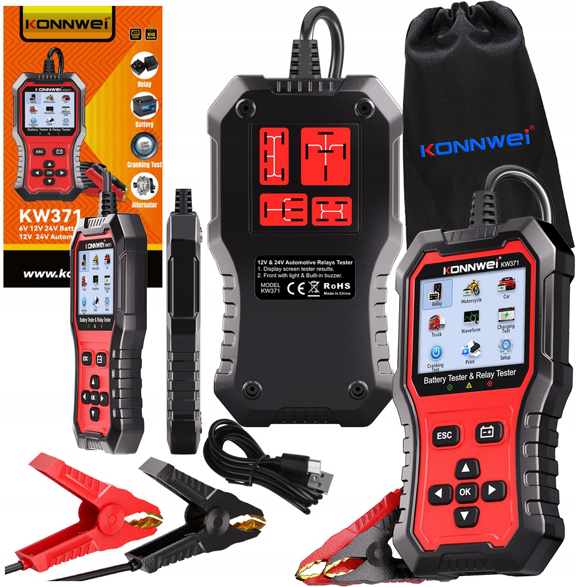 Konnwei KW371 Tester akumulatorów 6V 12V 24V przekaźników z LCD Pl Menu