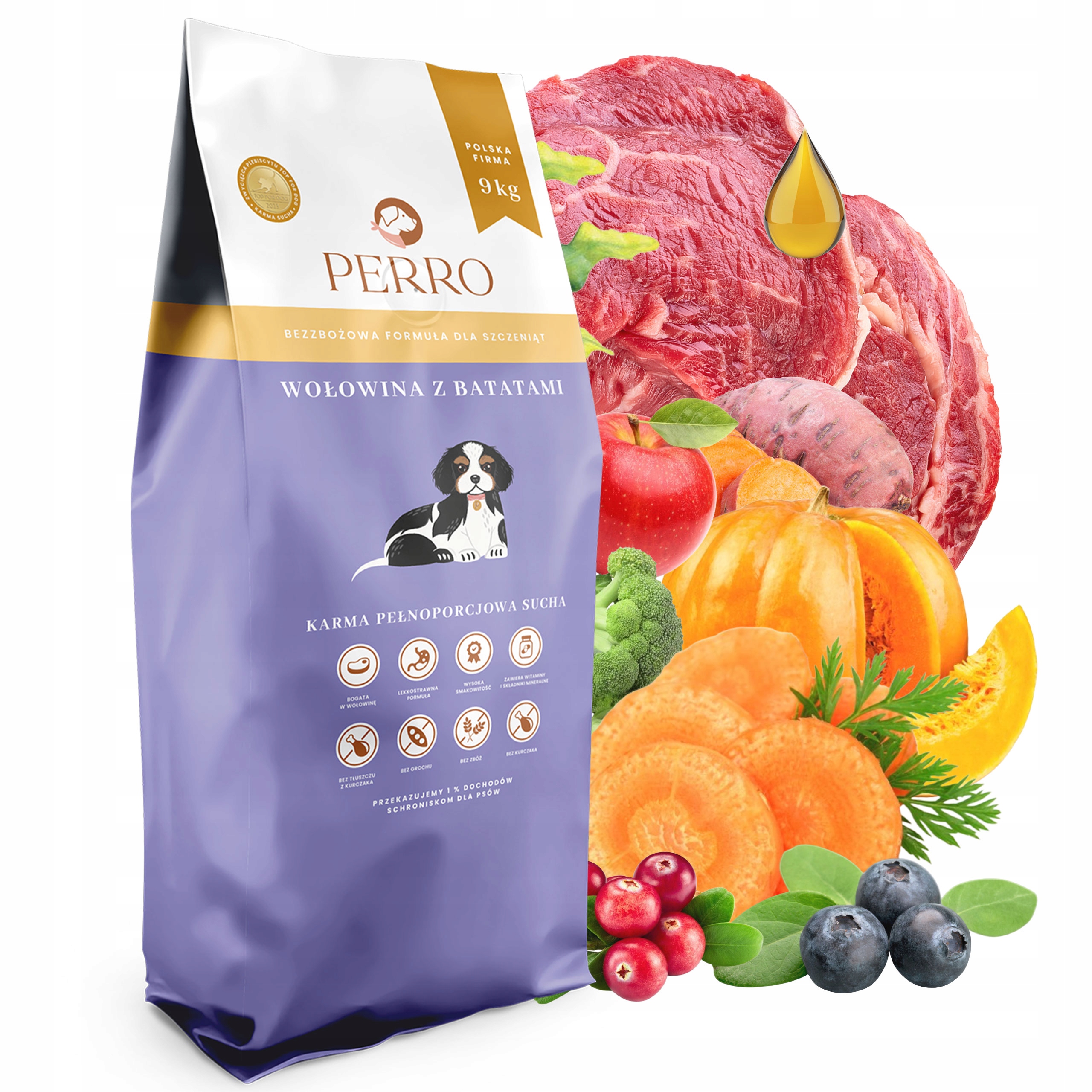 Levně Perro Junior krmivo pro štěňata Hovězí maso s batáty 9 kg bez obilovin