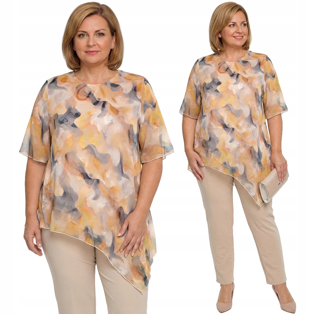 Asymetrická žluto-grafitová tunika s vzory plus size velikost 54