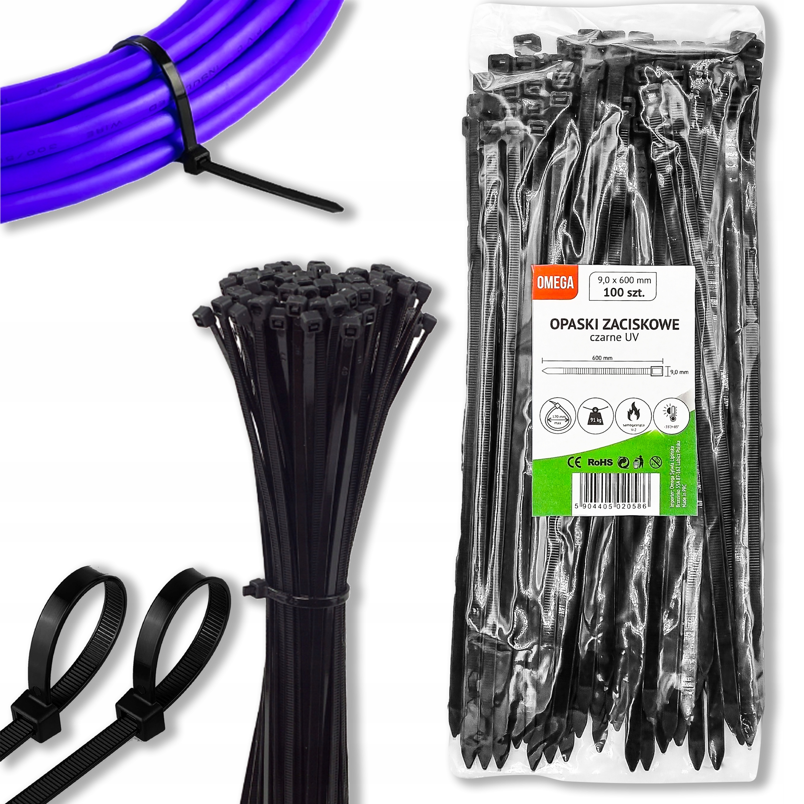 Opaski Trytki Zaciskowe Kablowe Uv Czarne 8,8X600