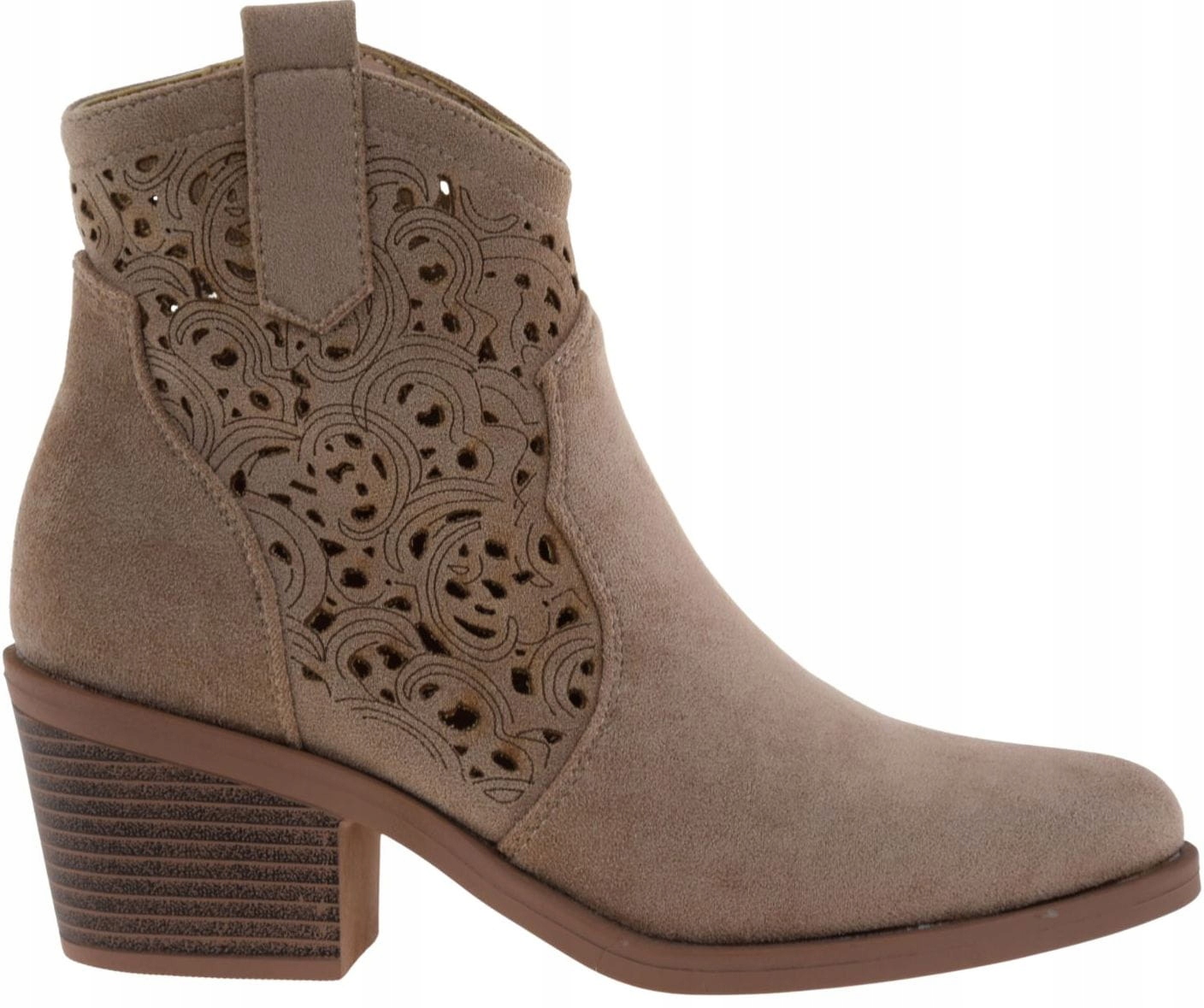 Béžové kotníkové boty kovbojské boty ažurové nad kotník sloupek 6 cm S.Barski HY61-8012 VEL.38