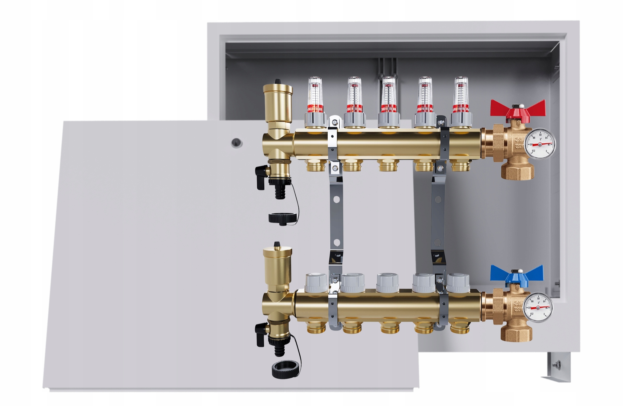 Rozdělovač Pro Podlahovou Krytinu 5 Okruhů Kulový Ventil Teploměr Krabička