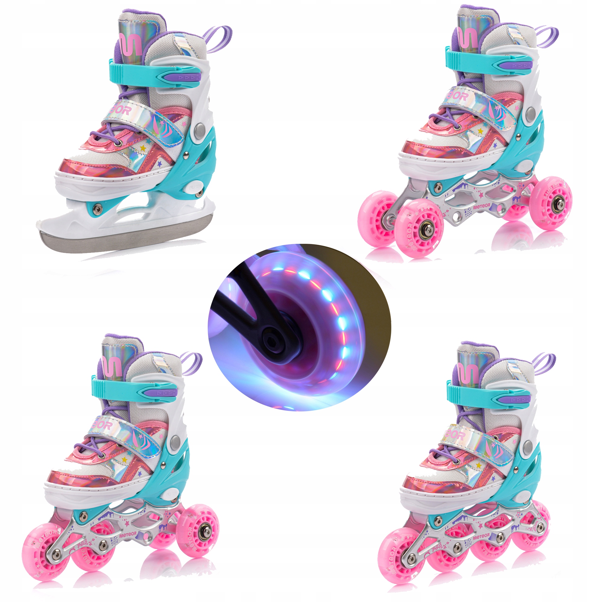 Kolečkové Brusle 4v1 kombinované brusle: na led, inline, kolečkové nastavitelné Led Meteor velikost S 30-33