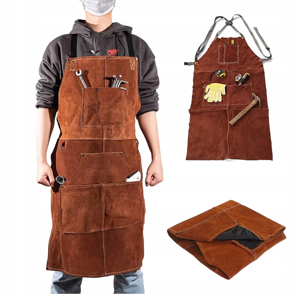 Svařovací A Pracovní Kožená Zástěra 6 Kapes S Regulací Ramenních Popruhů