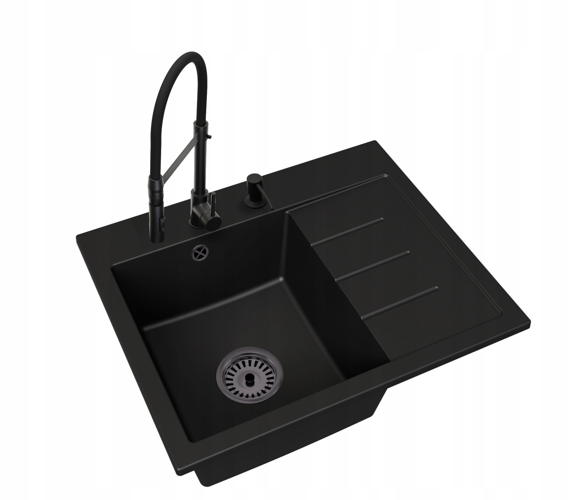 Dřez Exclusive 60 Pravý sifon Černý Baterie Vento Černý Dávkovač