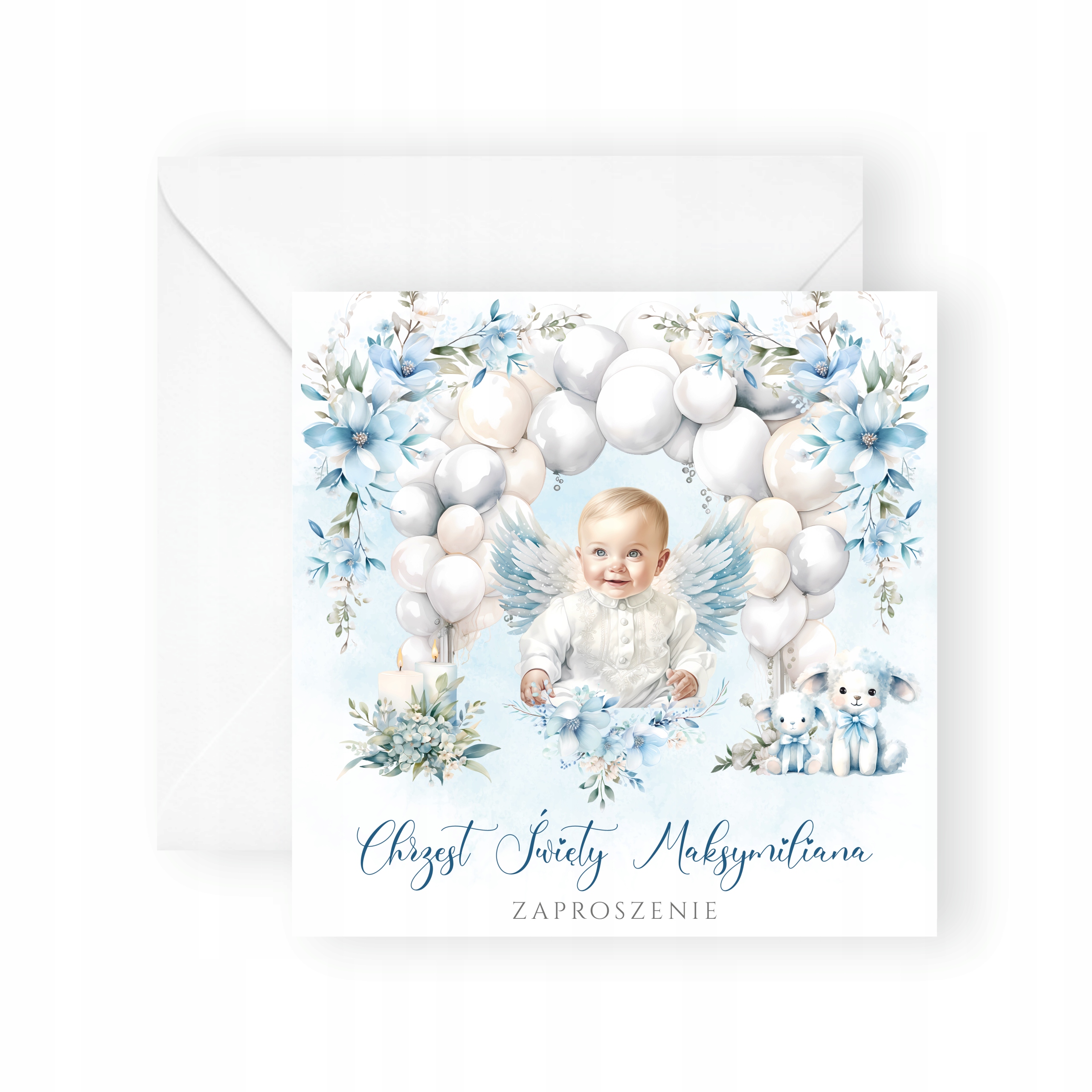 ZAPROSZENIA NA CHRZEST DLA CHŁOPCA + IMIĘ + KOPERTA SŁODKI ANIOŁEK DZIDZIUŚ Wysokość produktu 14 cm