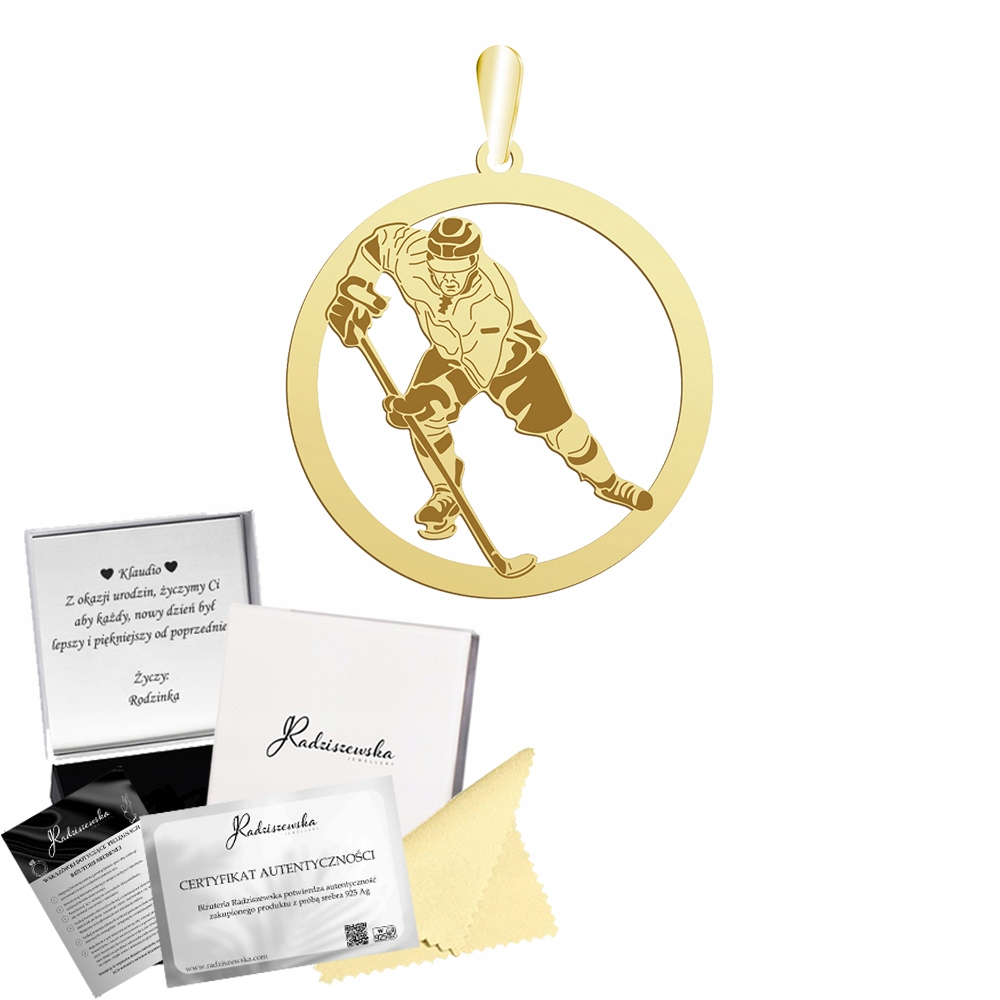 Zlatý přívěsek pro hokejisty Hokej pro muže Narozeniny 925 Gravírování Dedikace Bonus