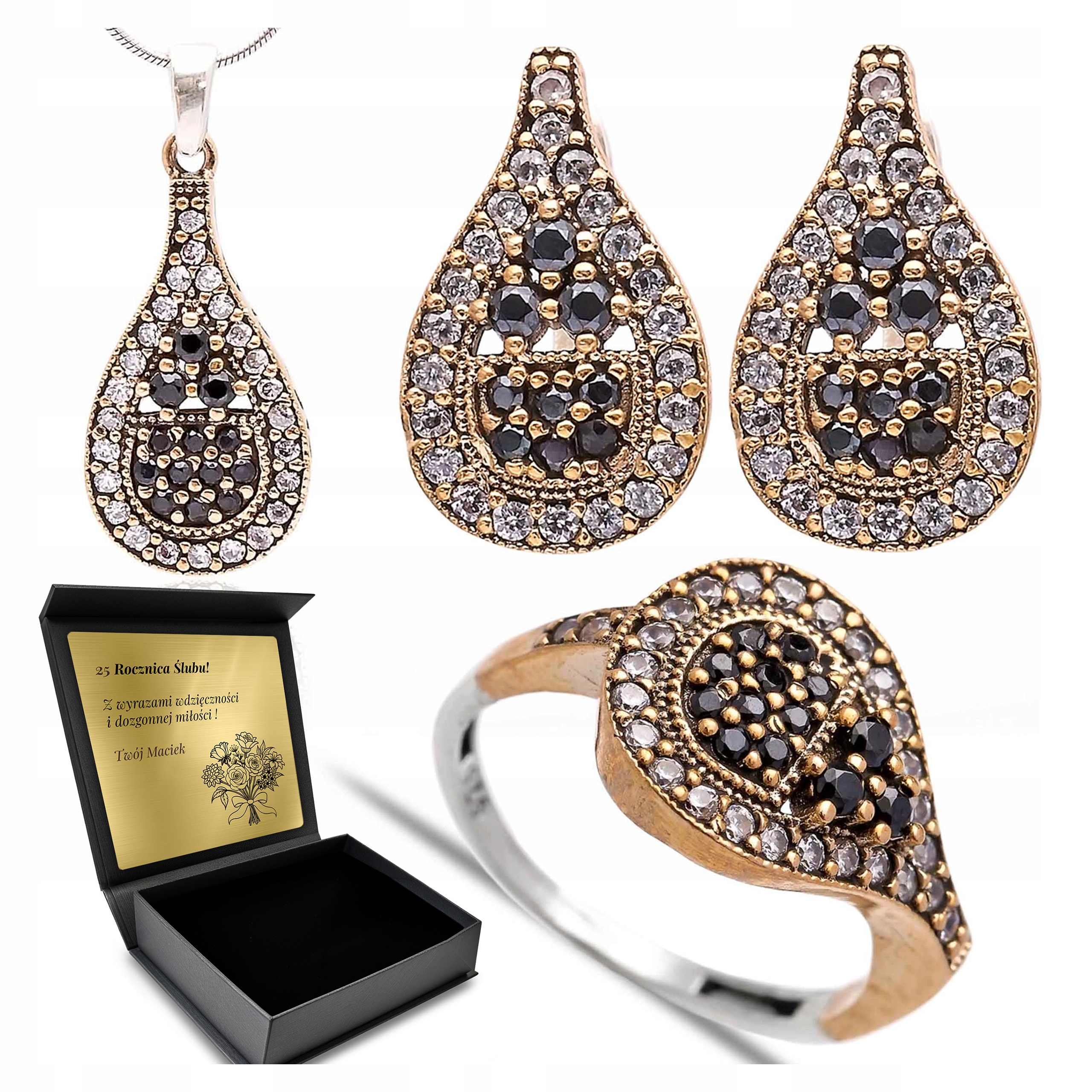 Komplet Stříbrných Šperků 925 Zirkony Černé Dárek pro ženu Gravírování