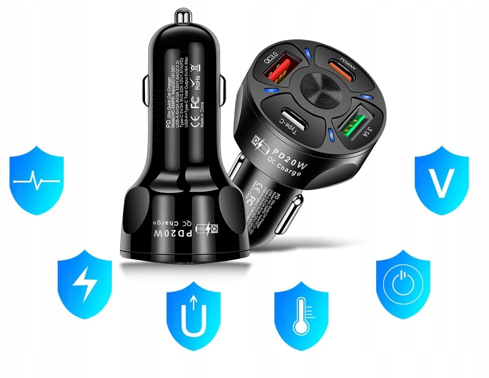 SZYBKA ŁADOWARKA SAMOCHODOWA 4xUSB QC PD + KABEL Prąd wyjściowy 7000 mA