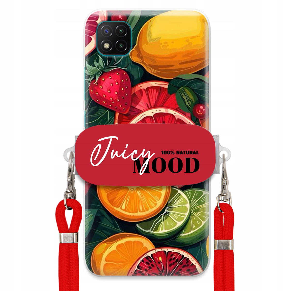 Puzdro pre Xiaomi Poco C3 Červené Crossbody vodítko držiak Juice Mood Ovocie