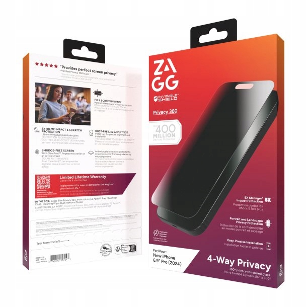 Sklo Zagg pro iPhone 16 Pro Max, S Privátním Filtrem , tónované ve 4 směrech