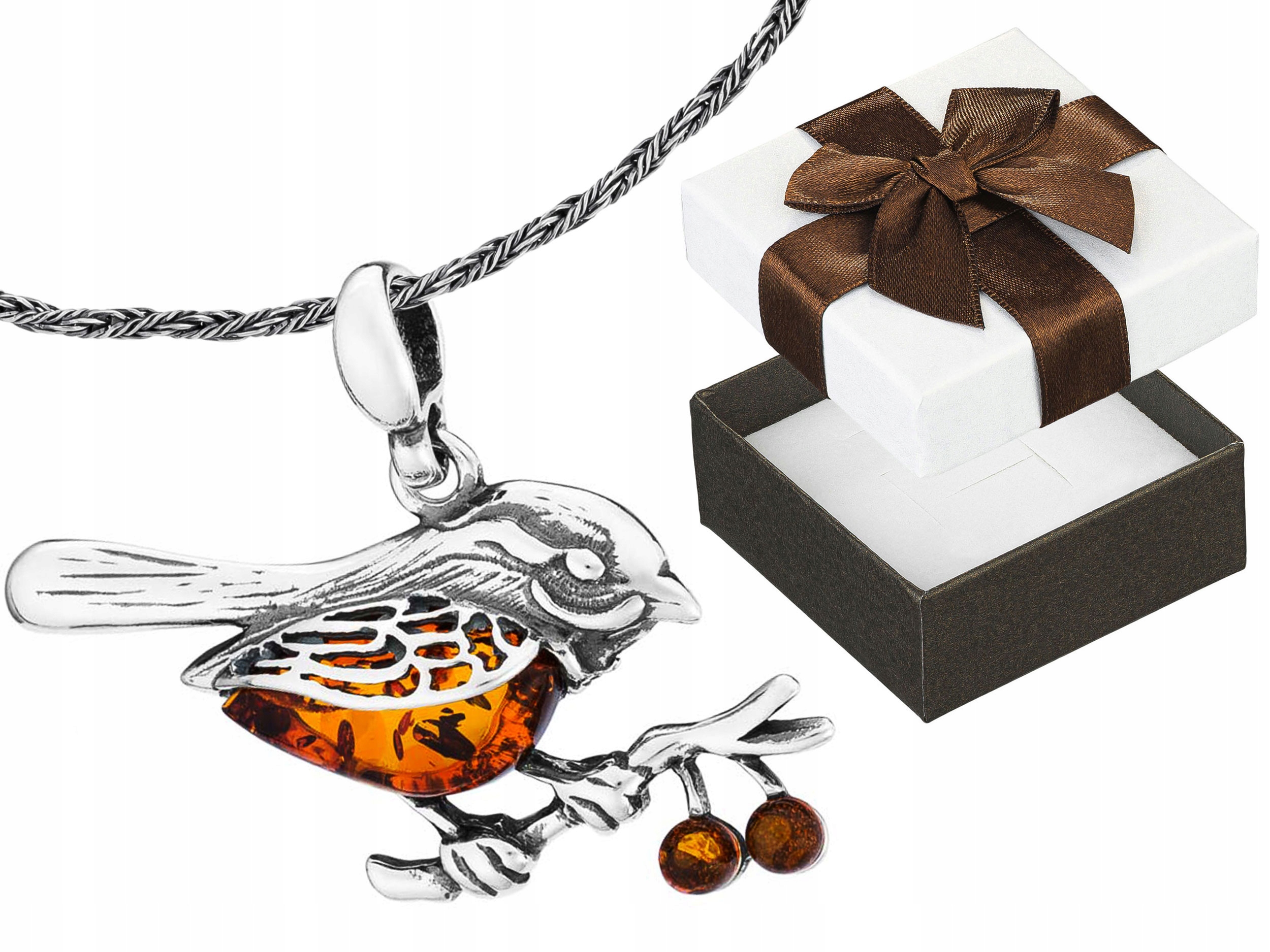 Dlouhý Stříbrný Dámský Náhrdelník Ptáček Vrabec s Jantarem Oxidovaný 80 cm