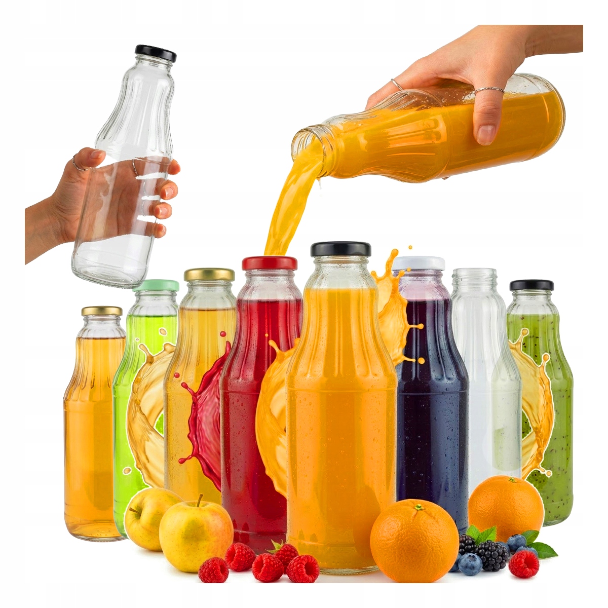 25 x Skleněné lahve Fruit 1 l Láhev na džus, mléko 1000 ml víčko