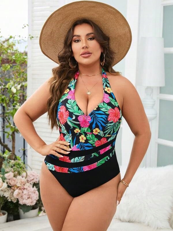 STRÓJ KĄPIELOWY JEDNOCZĘŚCIOWY PLUS SIZE NADRUK KWIATY ROZM 48 (PS9-2) Model 2XL