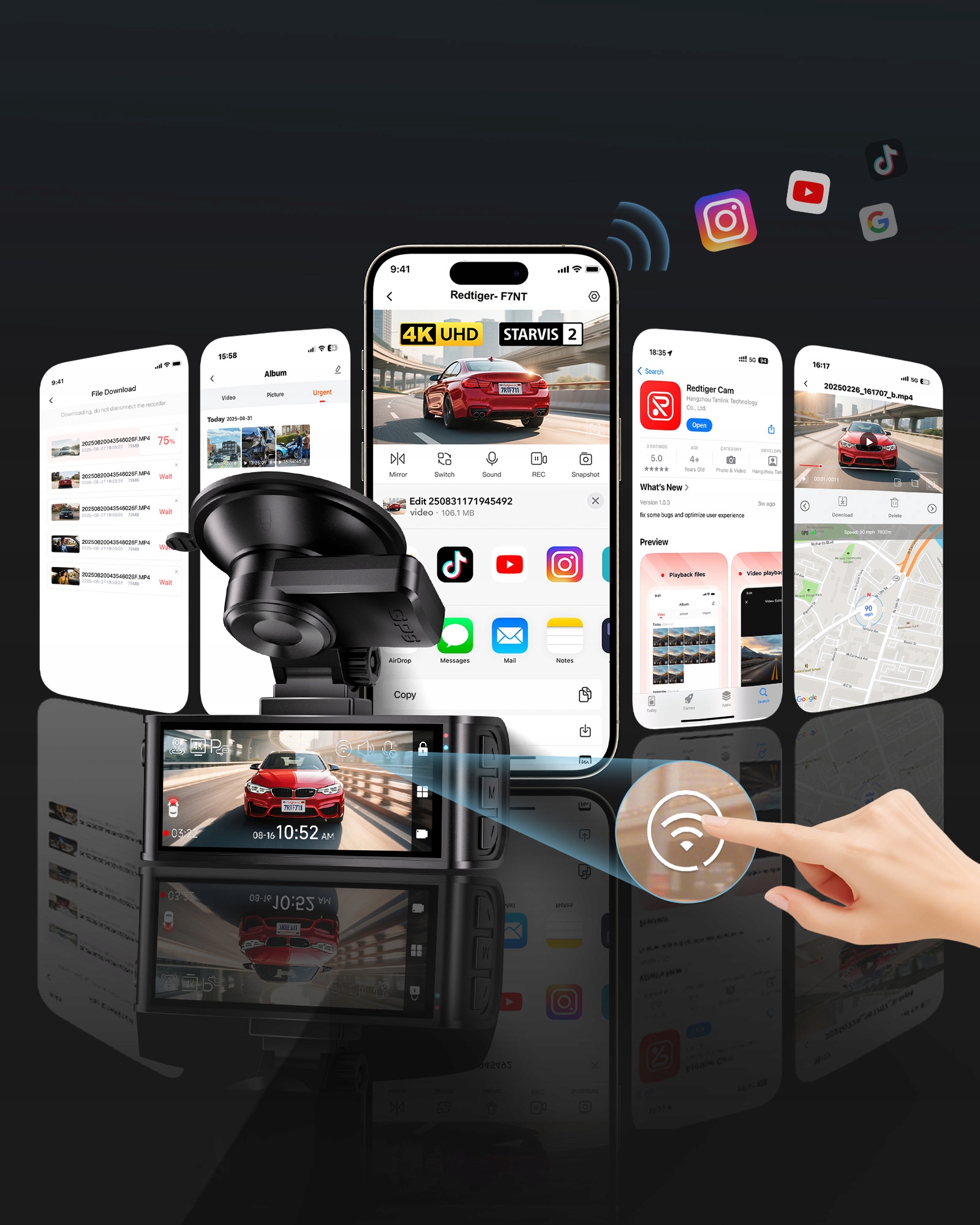 REDTIGER 4K Kamera Samochodowa Przód Tył Dotykowy Ekran GPS WiFi 128GB — miniatura 13