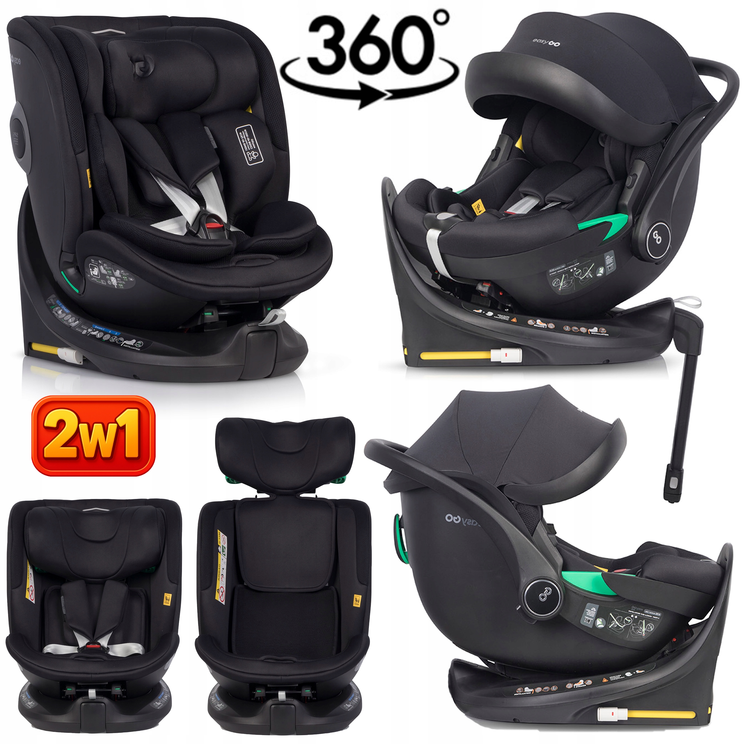 Zestaw 2x Fotelik Samochodowy Obrotowy Baza Isofix i-SIZE Regulacja 0-36 Kg
