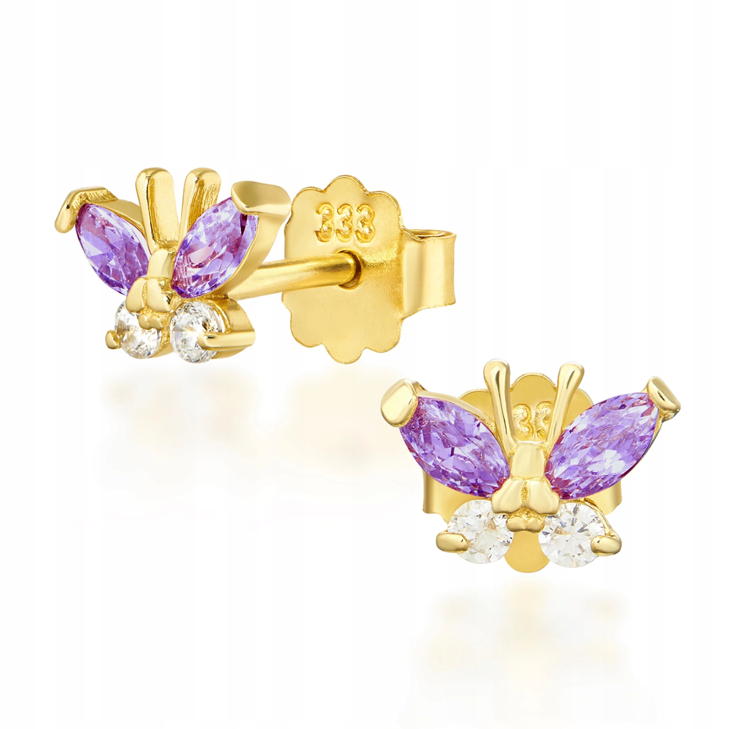 Zlaté Náušnice Pro Dívku 585 Fialové Motýlky Na Tyči