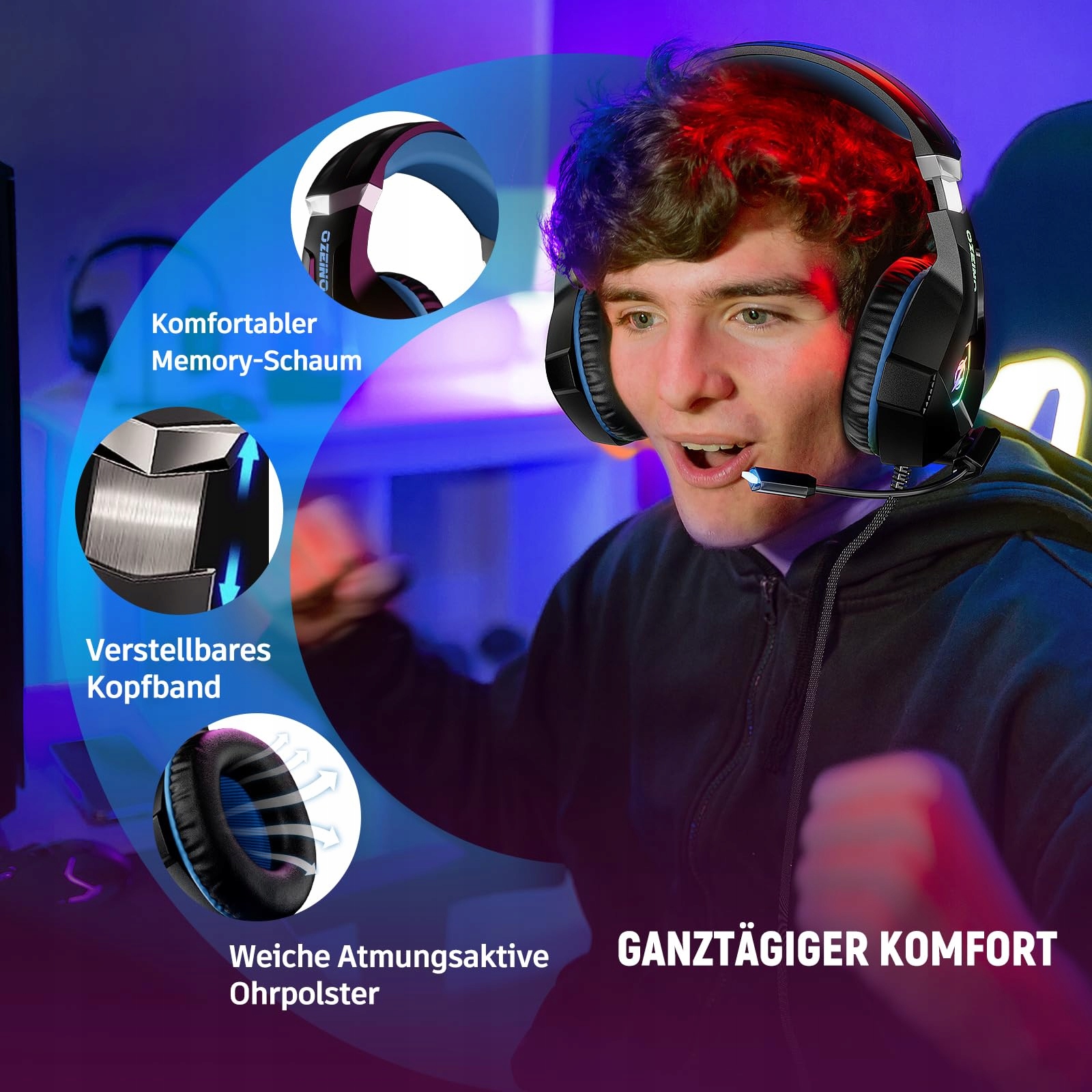 OZEINO Słuchawki Gamingowe PS4 PS5 PC z Mikrofonem 3D RGB Redukcja Szumów — miniatura 5