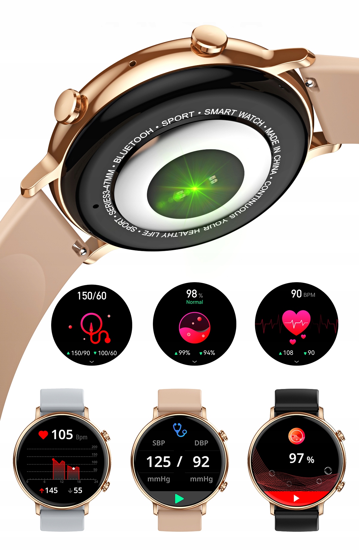 SMARTWATCH ZEGAREK DAMSKI POLSKIE MENU ROZMOWY POWIADOMIENIA SPORT 4 PASKI Szerokość koperty 45 mm