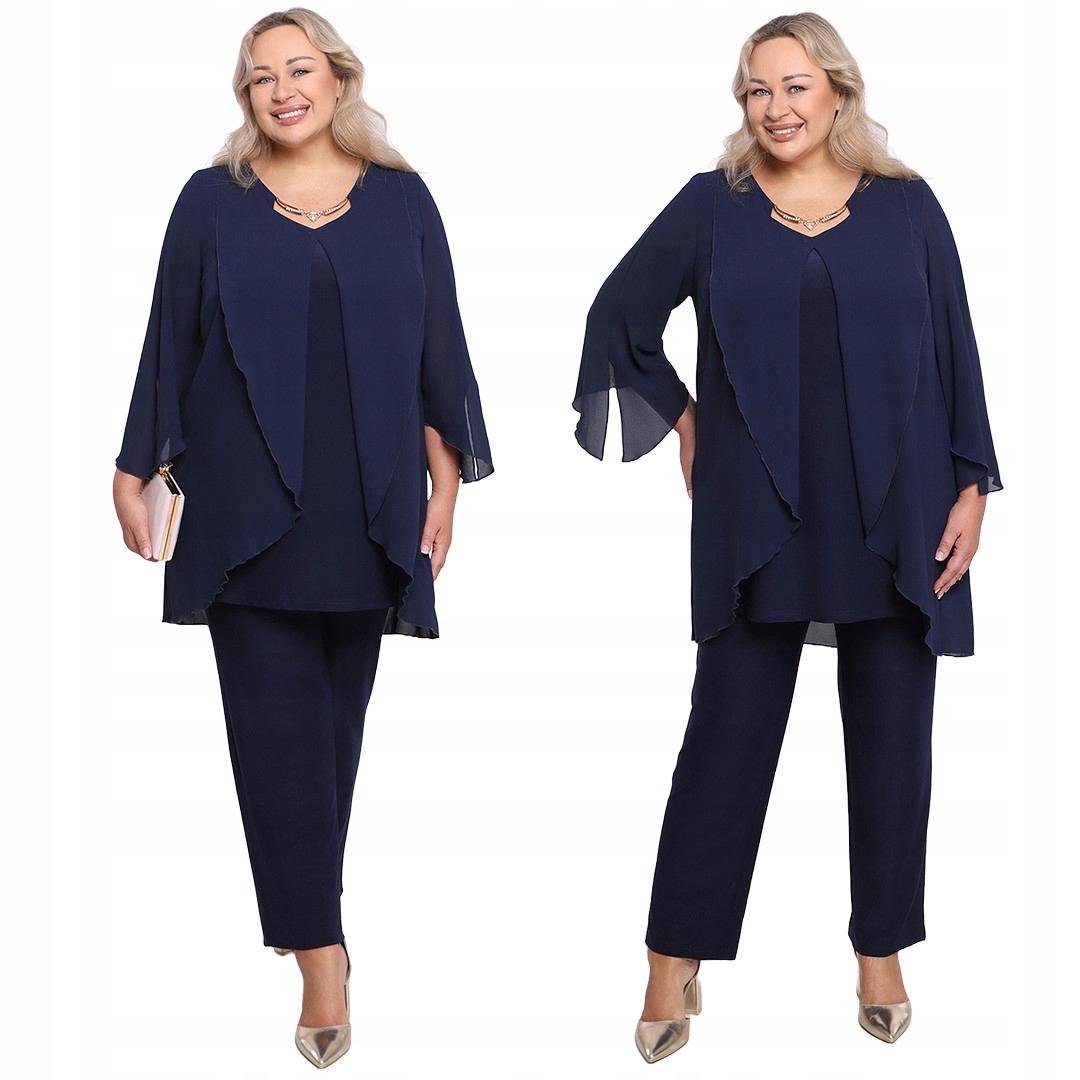 Tmavě modrý komplet se zlatým výstřihem a velikostí, velikost 58