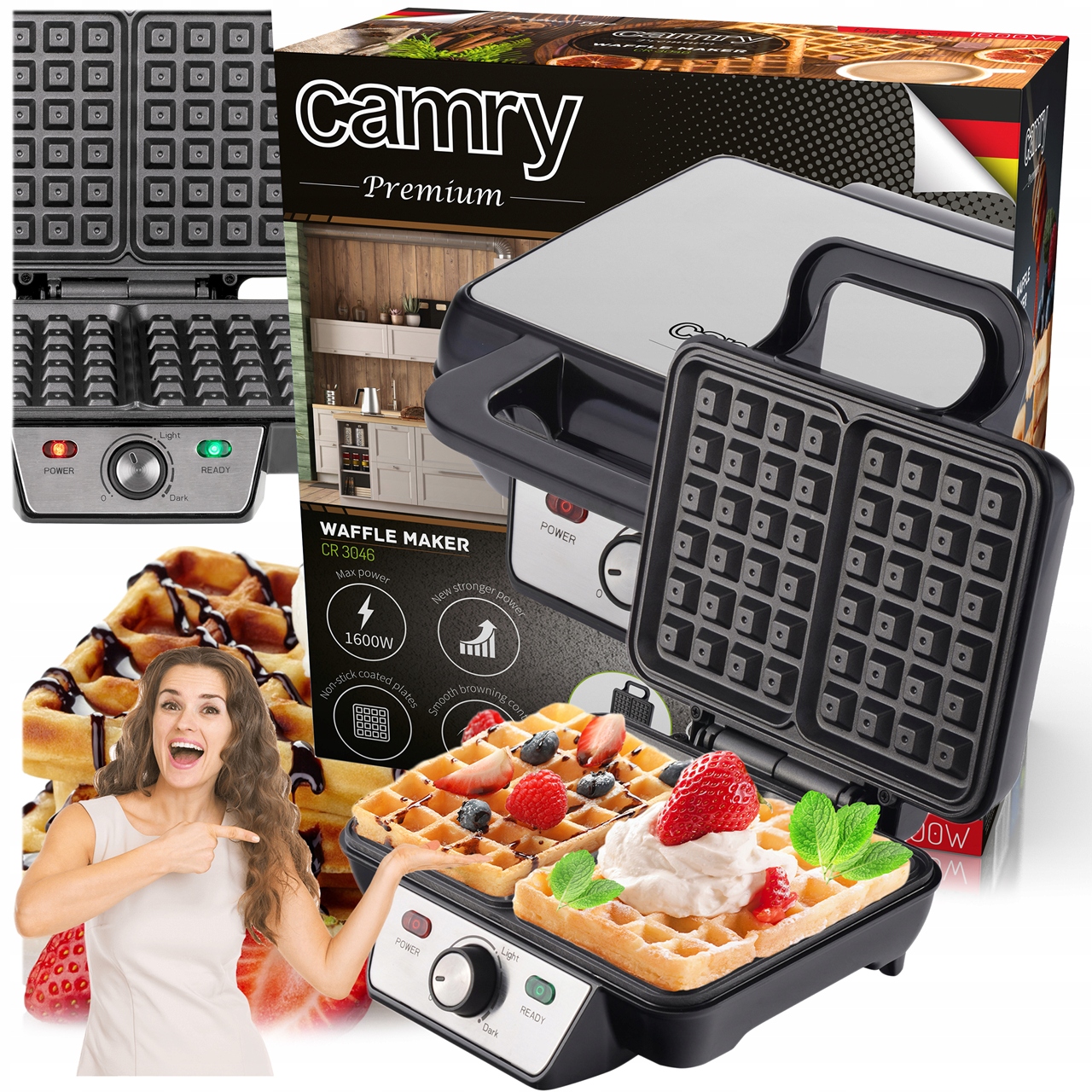 Gofrownica Na 2 Duże Chrupiące Gofry Regulacja Temperatury Stopa Non-stick