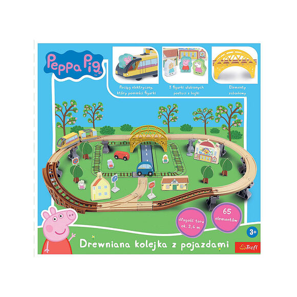 Drewniana kolejka z pojazdami Świnka Peppa 65 elementów