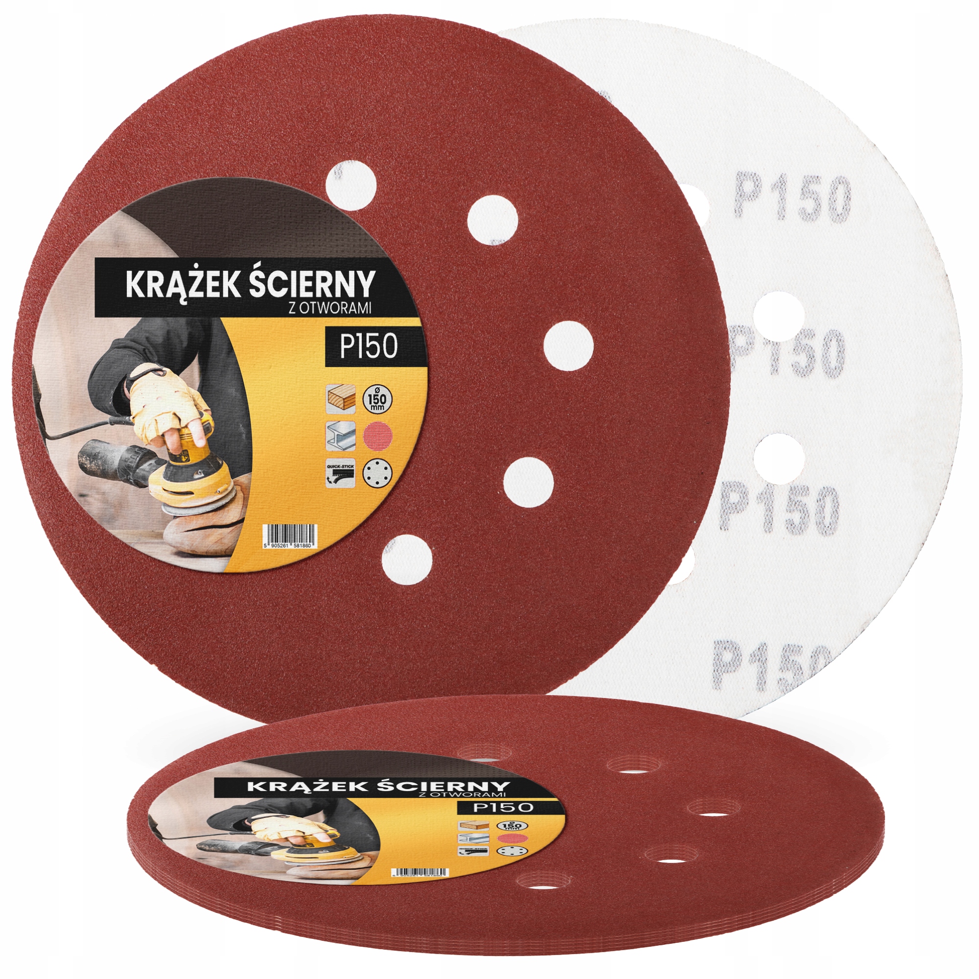 5x Papier Ścierny Krążek Rzep Otwory 150mm P150 Krążki Tarcza Szlifowania