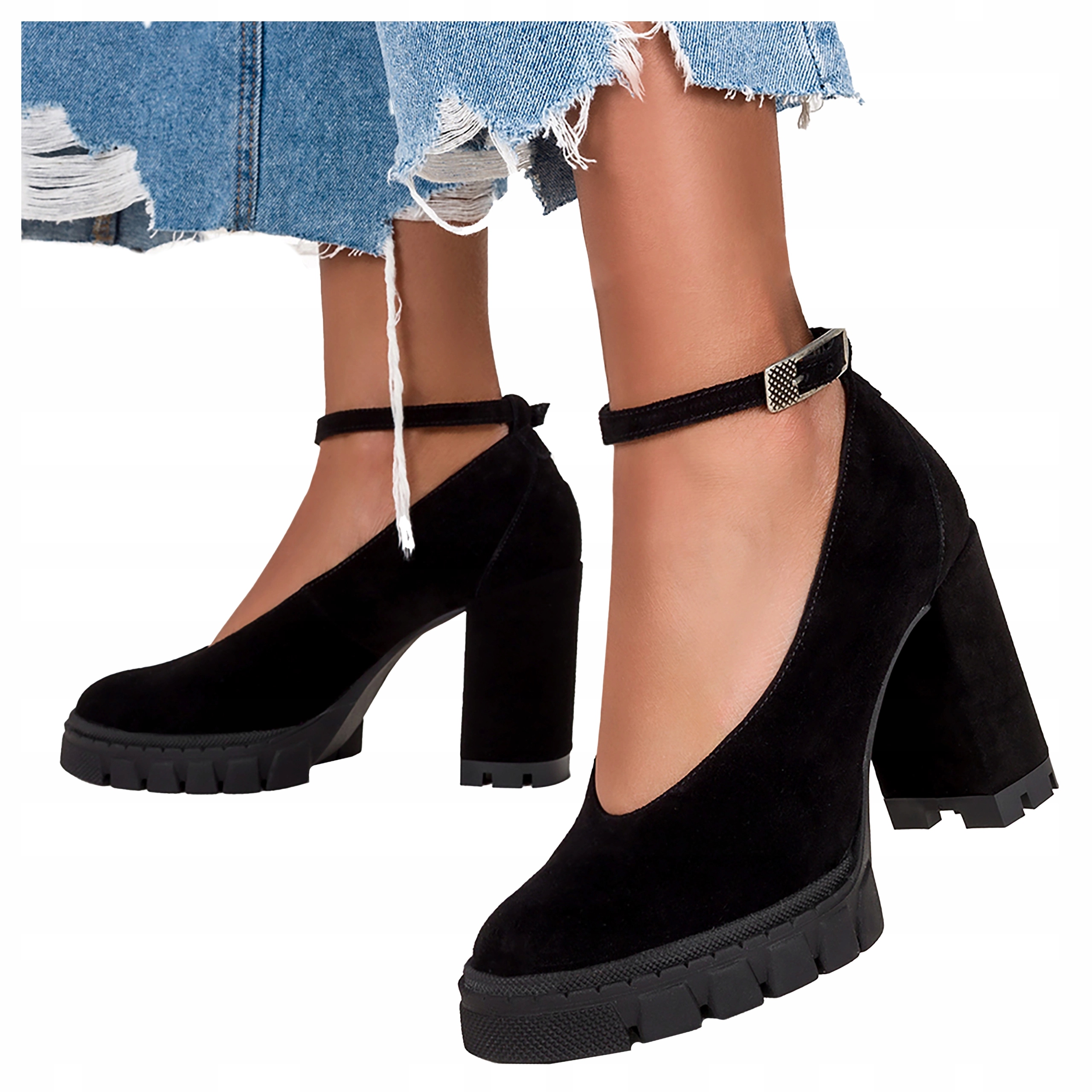 Černé Kožené Dámské Lodičky Na Podpatku Pásek Kolem Kotníku Modní vel. 40