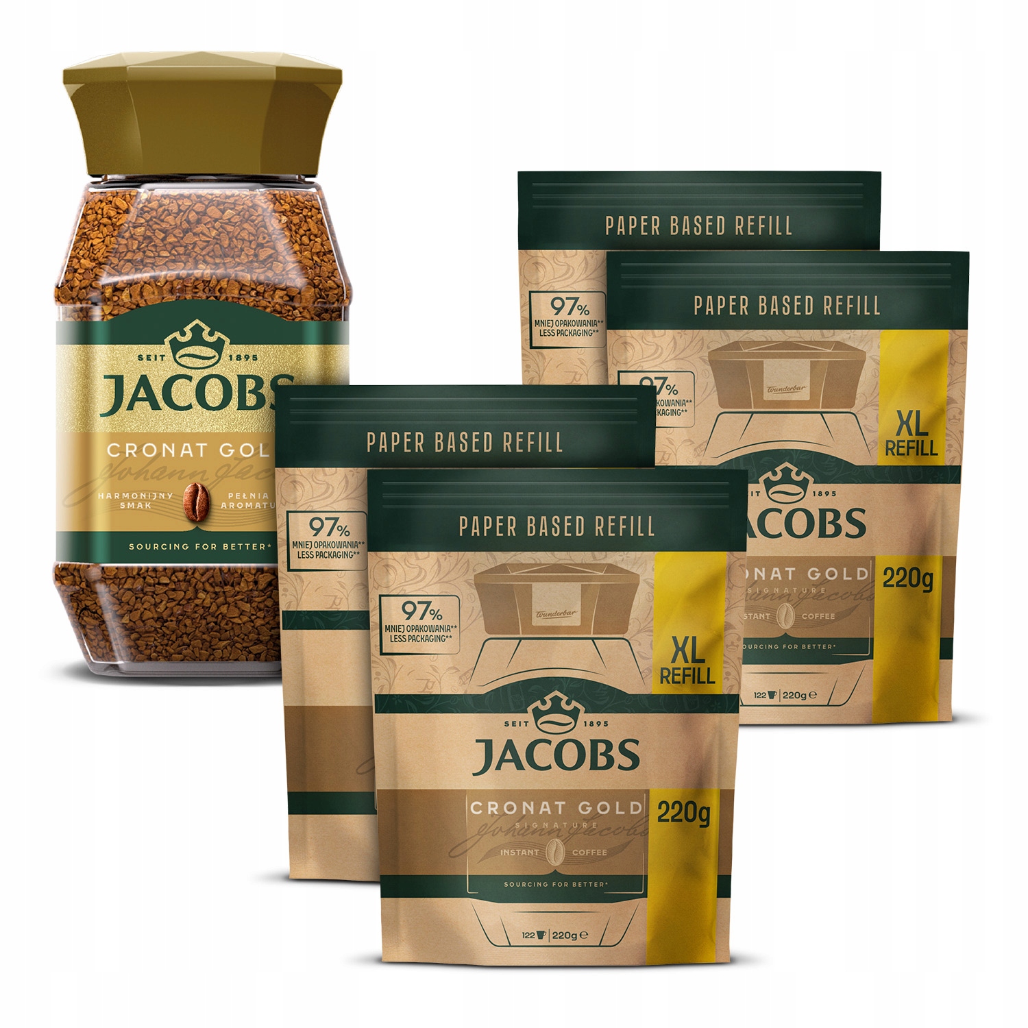 Zestaw kawa rozpuszczalna Jacobs Cronat Gold 200g 4x refill XL zapas 220g