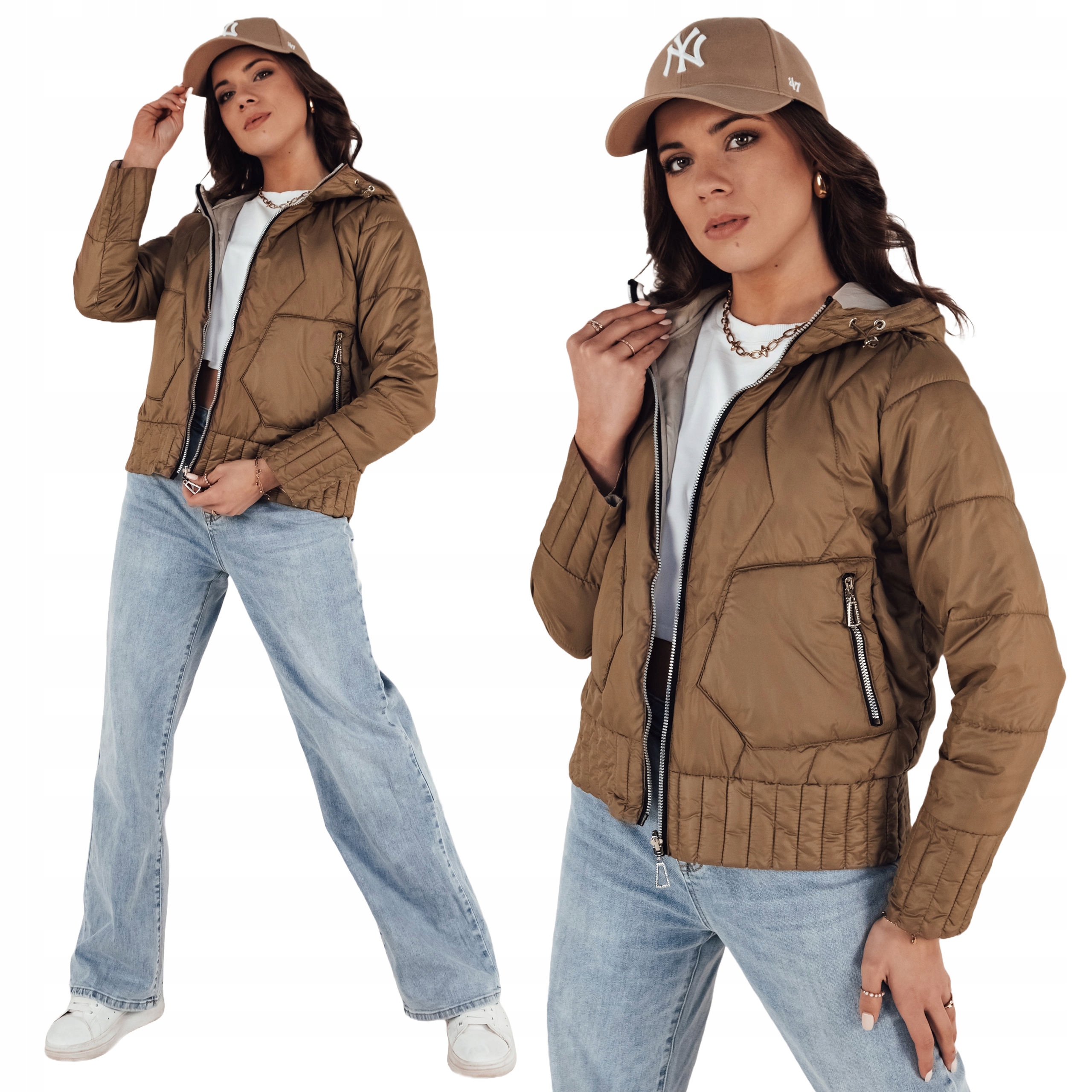 Dwustronna Przejściowa Kurtka Damska Kamelowa ty4206 L