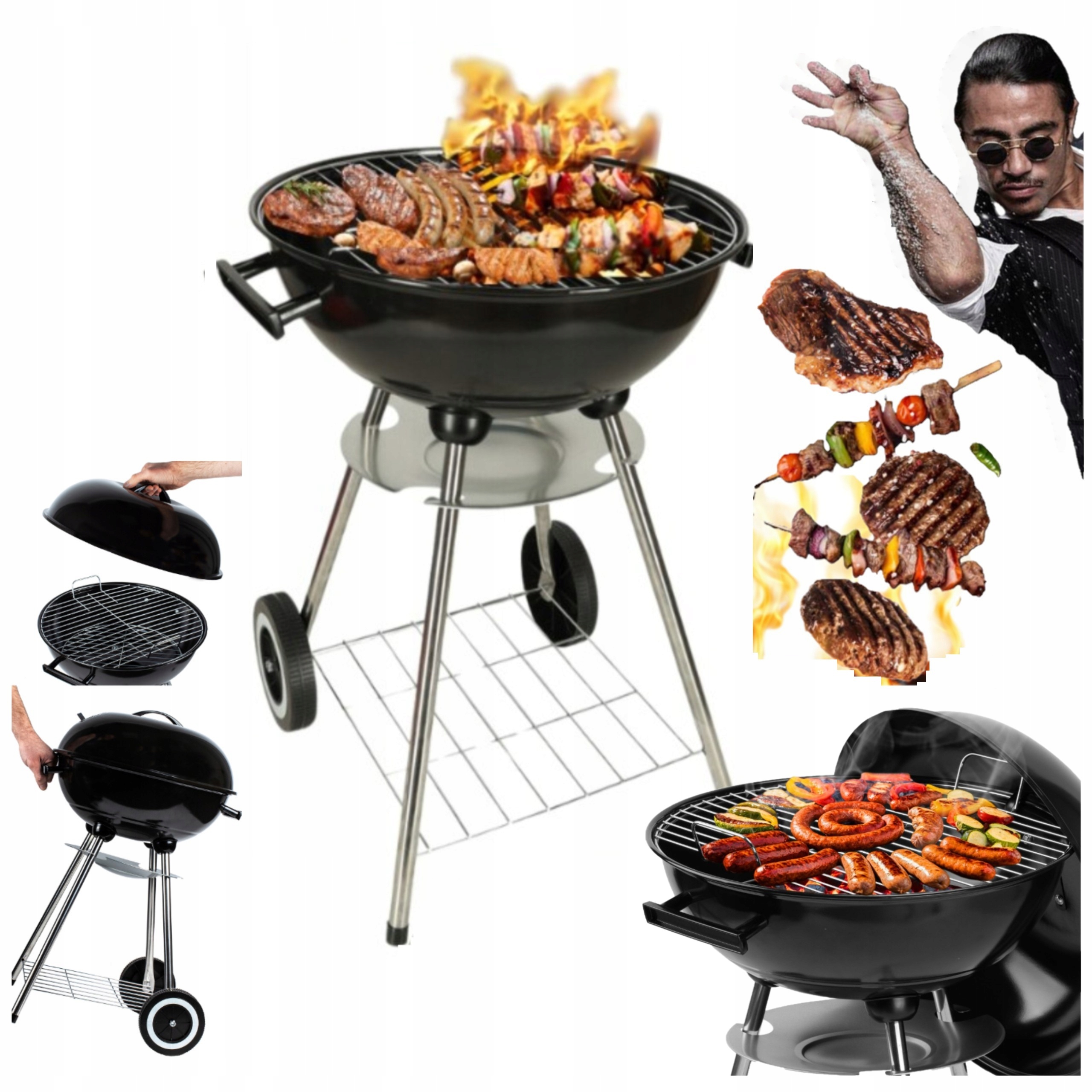 Grill Węglowy Ogrodowy Z Pokrywą Czarny Duży Okrągły Popielnik Kółka Półka