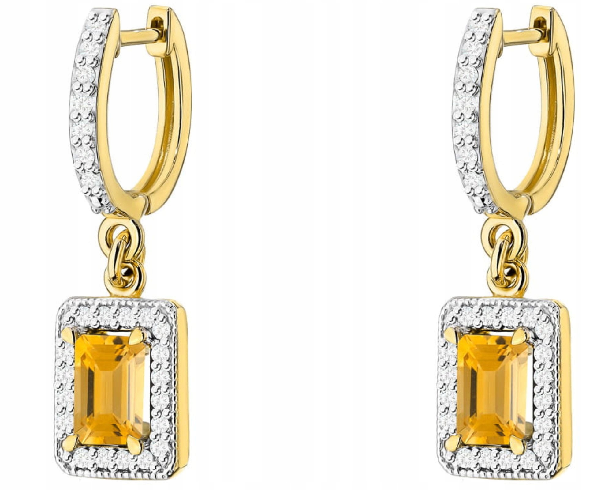 Zlaté Náušnice Přírodní Kámen Citron A Závěsné Diamanty 585 Gravírování