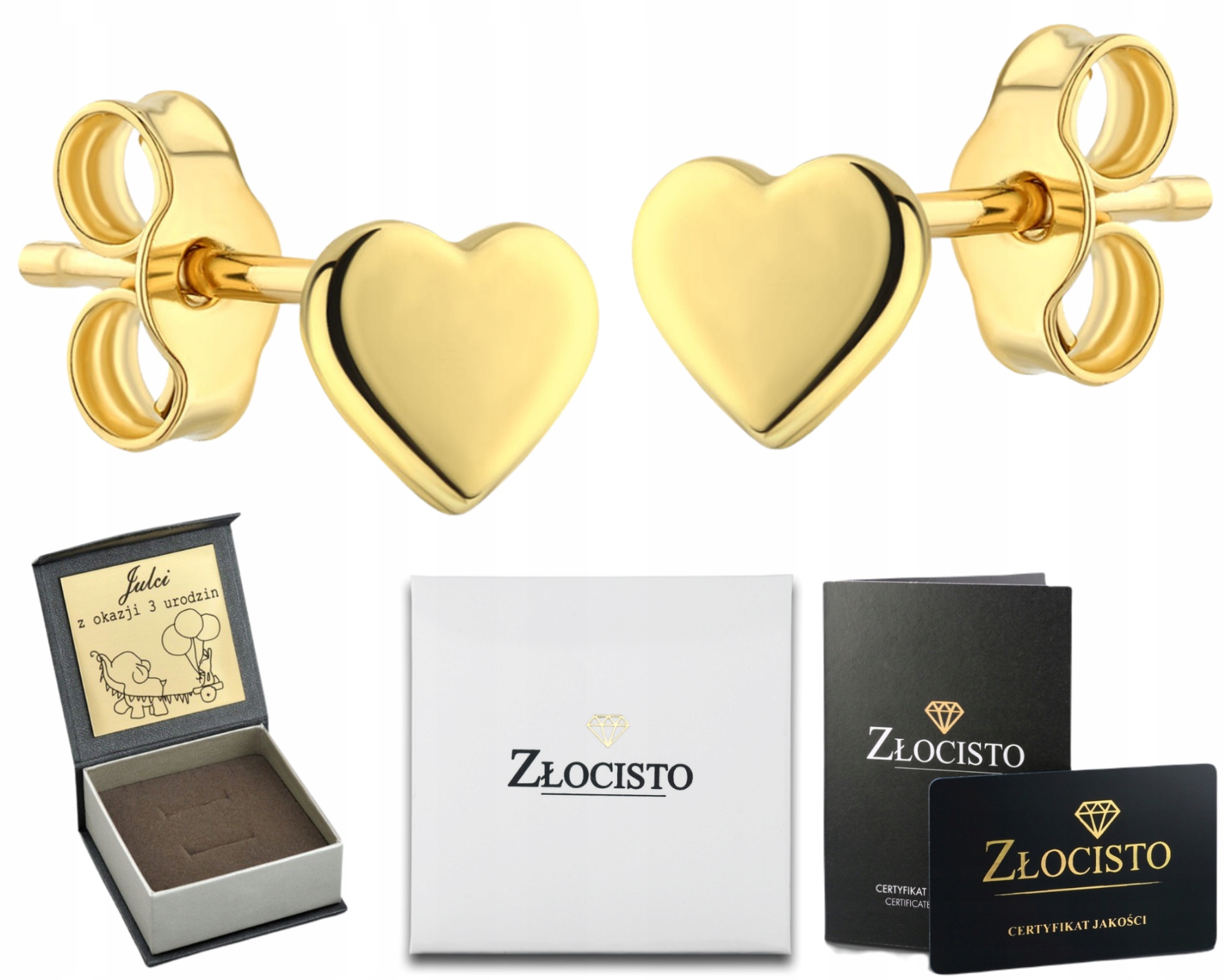 Złote Kolczyki Serduszka Serce Wkręty 585 Grawer Sztyfty Dla Niej