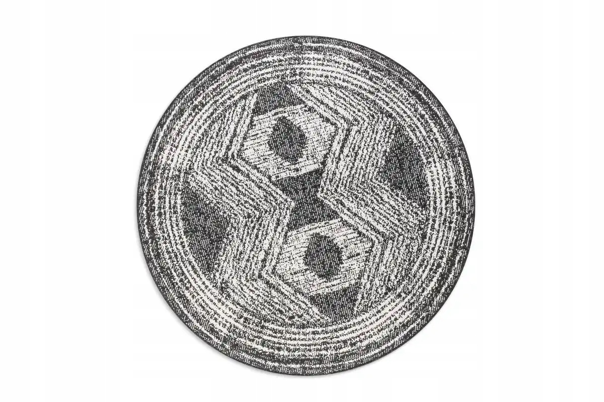 Kruhový koberec na terasu 200 cm, obojstranný, šnúrkový, čierno-krémový