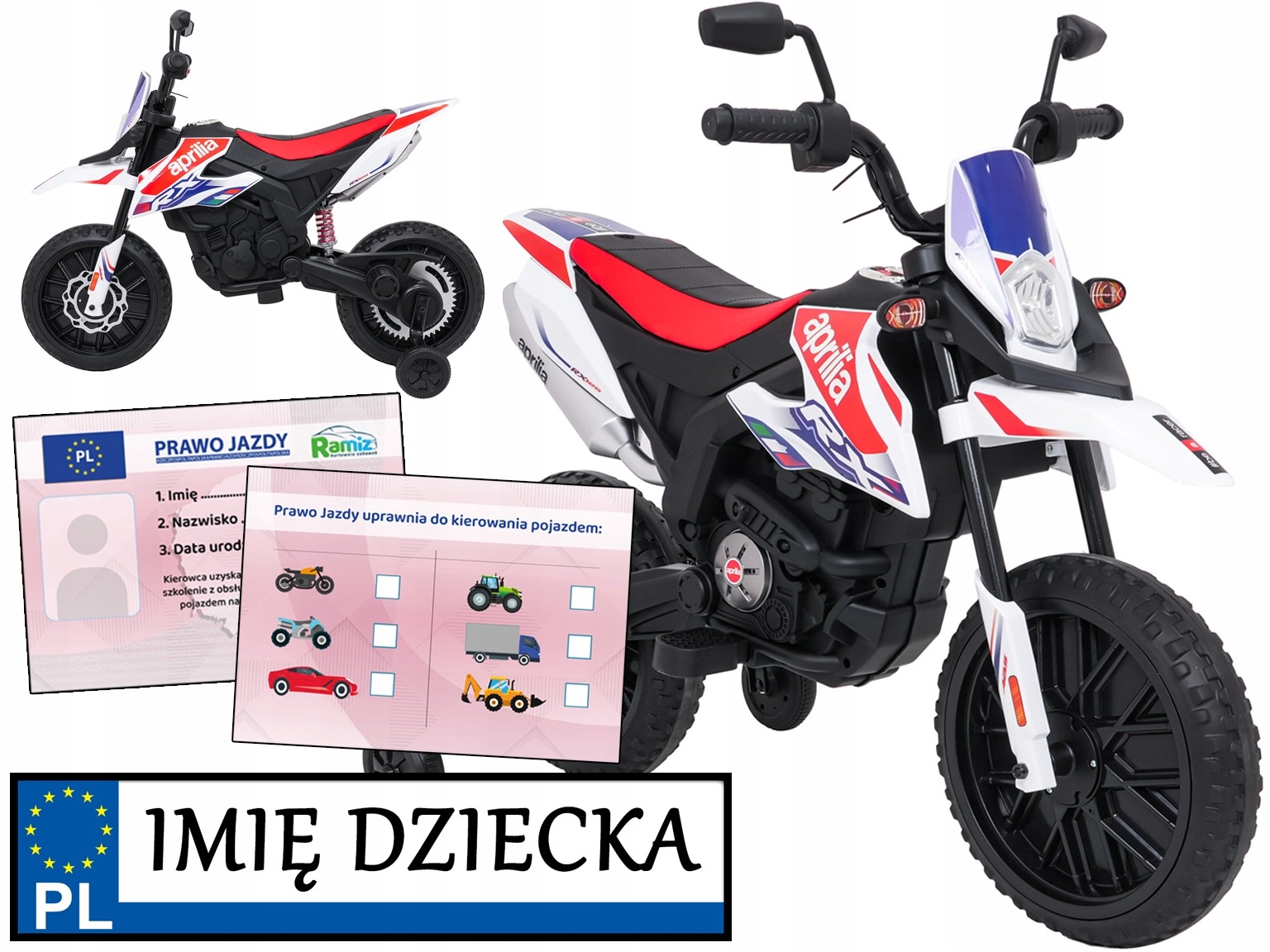 motor dla dzieci na akumulator Aprilia Rx boczne kółka Rejestracja Imienna
